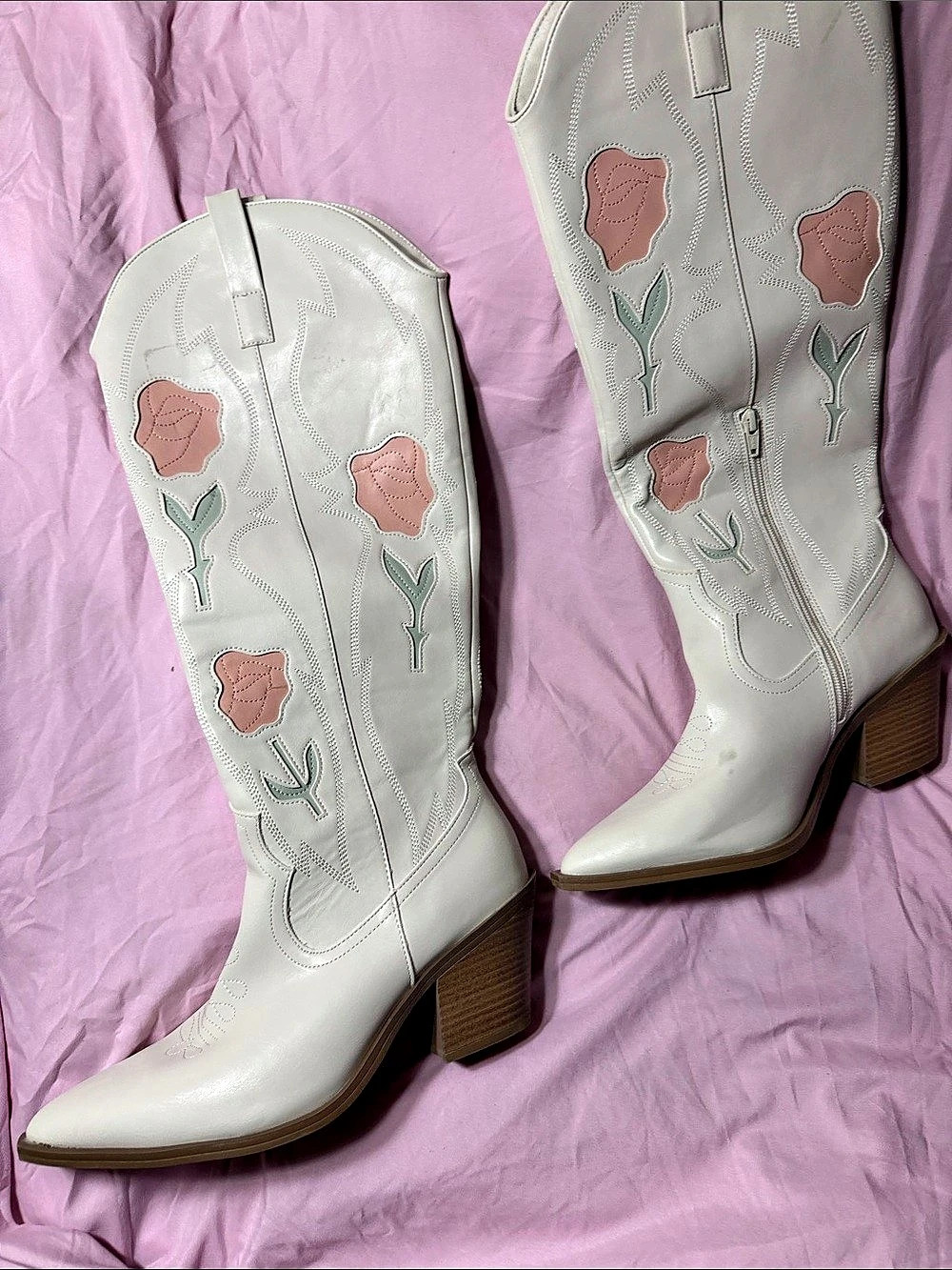 Women's Floral Heeled Boots in White & Pink